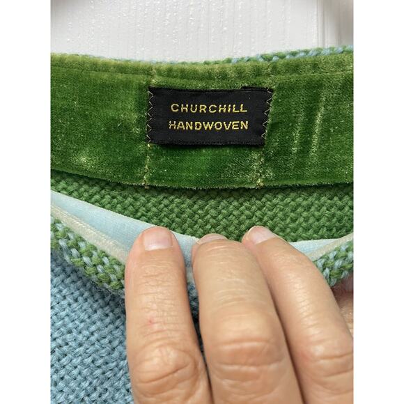 CHURCHILL Plaid Wool Poncho Cape Womens Fringe Blue Green Tweed Handwoven OSFM - Picture 7 of 9